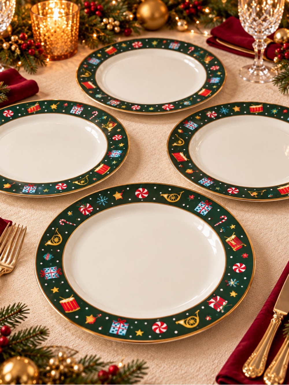Lenox Green, White and Gold Holiday Dinner Plates - Set of 4